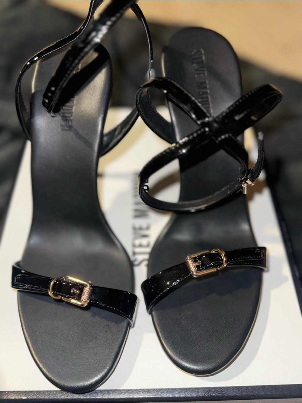 Steve Madden Black Patent Strappy Heels with Gold Buckles